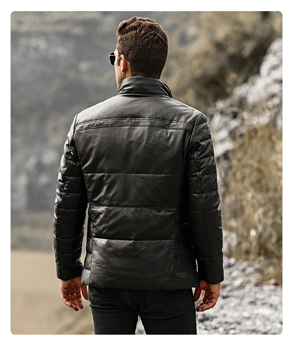 Men's Navy Blue Real Lambskin Leather Puffer Bomber Jacket – Hooded Pilot Style (XS-5XL)