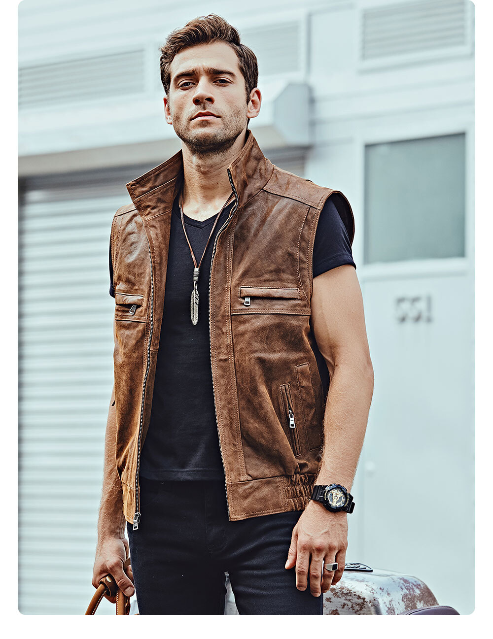 Men's Leather Retro Vest Stand Collar Zippered MXGX278 Stand collar flavor leather motorcycle jacket brands| fashion stand collar flavor leather motorcycle jacket