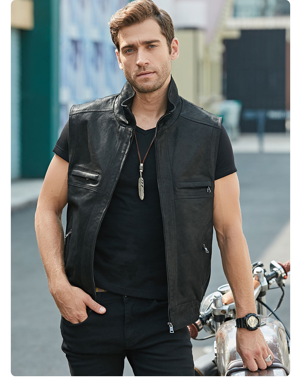 Men's Leather Retro Vest Stand Collar Zippered MXGX278 Stand collar flavor leather motorcycle jacket brands| fashion stand collar flavor leather motorcycle jacket
