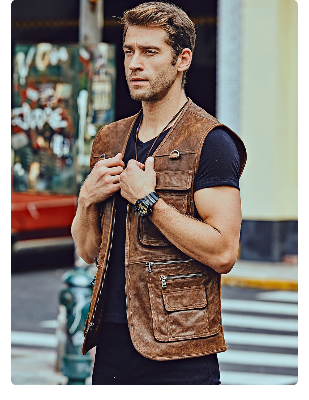 Men's Leather Retro Vest Mult Pockets MXGX280 Buy flavor leather stand collar rib button jacket| buy men's lambskin leather down jacket