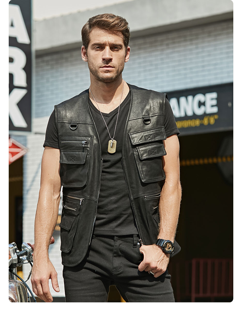 Men's Leather Retro Vest Mult Pockets MXGX280 Buy flavor leather stand collar rib button jacket| buy men's lambskin leather down jacket