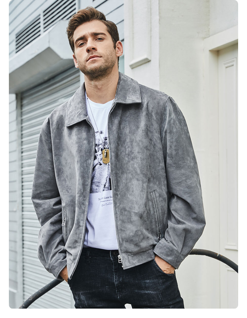 Men's Gray Suede Leather Jacket Bomber MXGX294 Buy flavor leather moto jacket| buy pigskin leather jacket