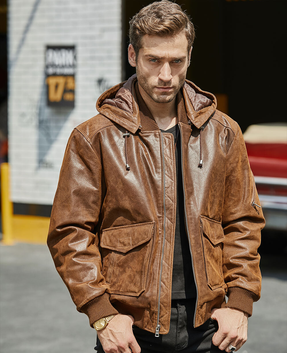 Buy hooded leather motorcycle rib trim jacket| discount hooded leather ...