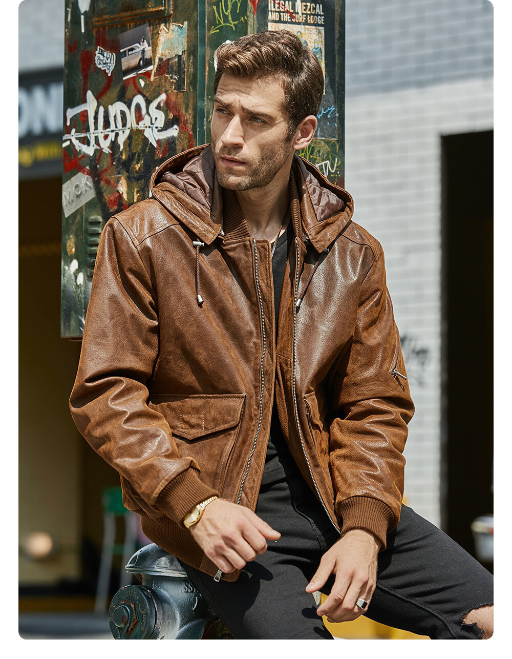 Men's Hooded Leather Motorcycle Jacket Rib Trim MXGX283 Buy hooded leather motorcycle rib trim jacket| discount hooded leather motorcycle rib trim jacket
