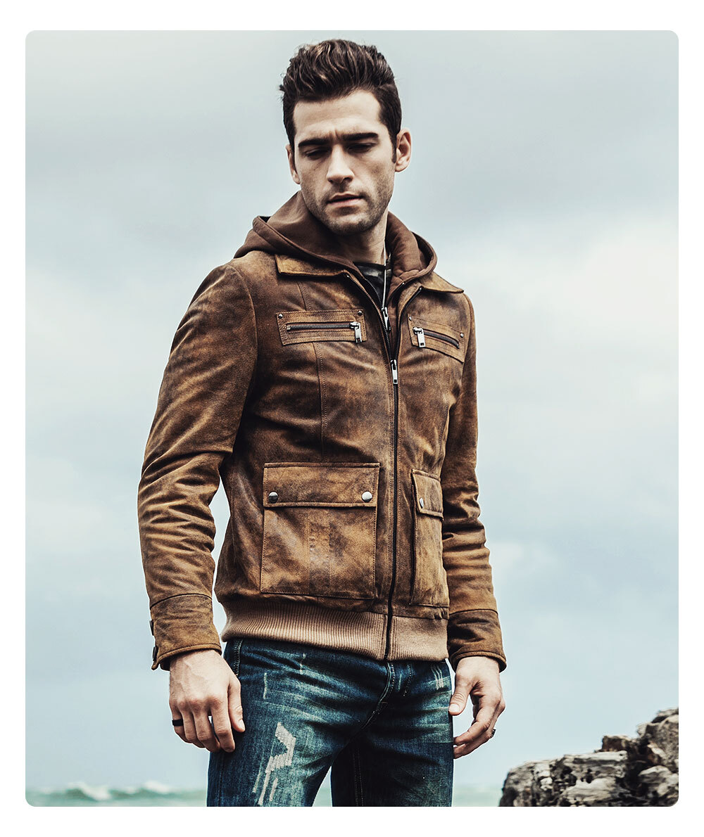 Men's Vintage Brown Leather Hooded Jacket M2017-129 Discount flavor leather moto jacket| discount pigskin leather jacket