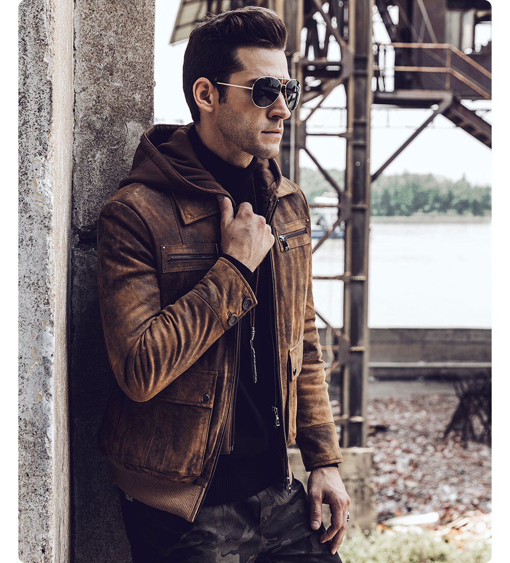 Men's Vintage Brown Leather Hooded Jacket M2017-129 Discount flavor leather moto jacket| discount pigskin leather jacket