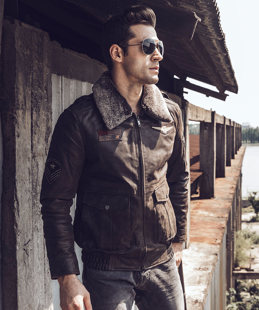Men's Leather Aviator Jacket Bomber with Faux Fur Collar Stand collar leather moto jacket brands| bomber aviator jacket with removable collar brands