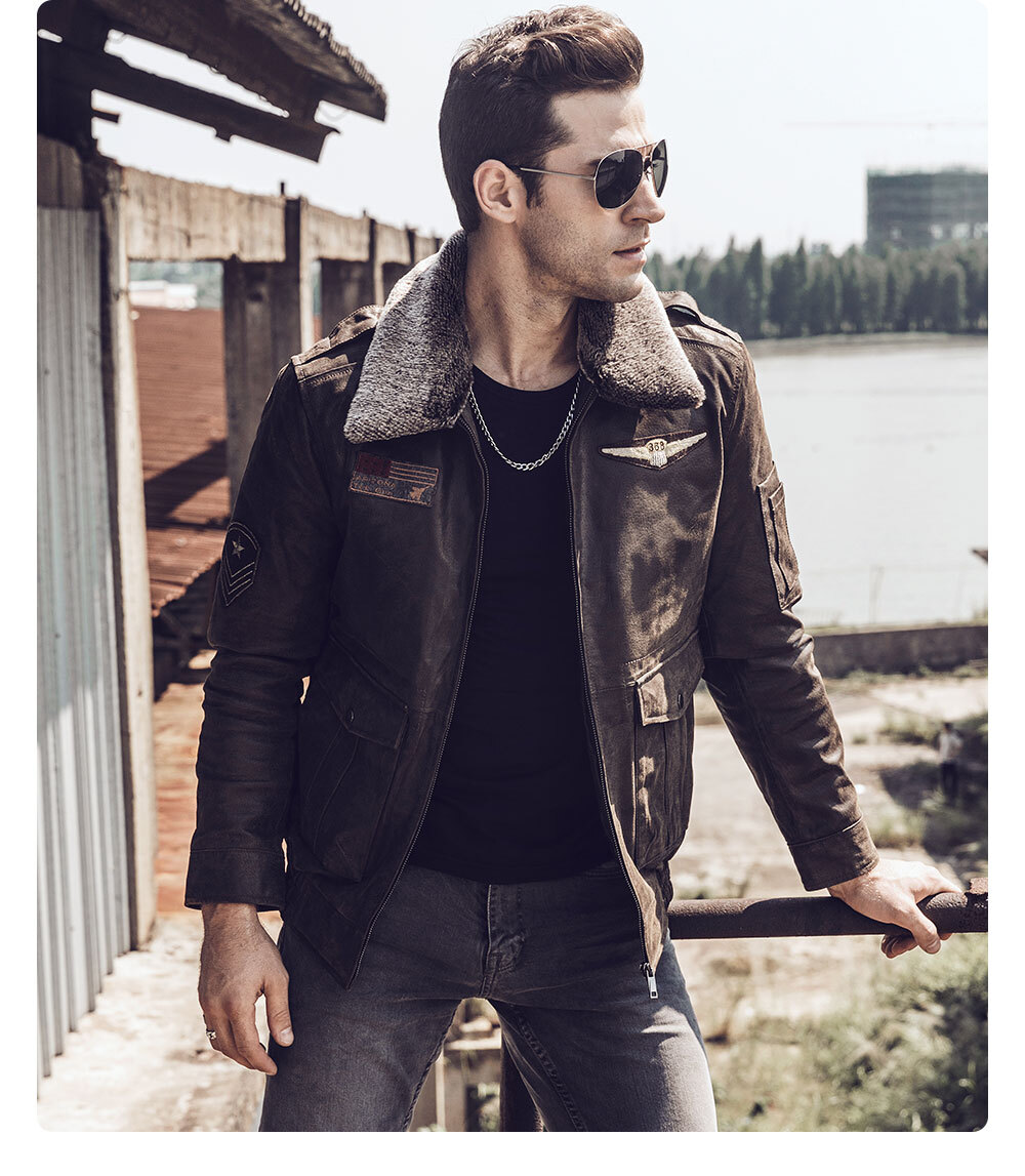 FLAVOR Men's Real Leather Bomber Jacket with Removable Fur Collar Aviator  (Small, Brown) at  Men's Clothing store