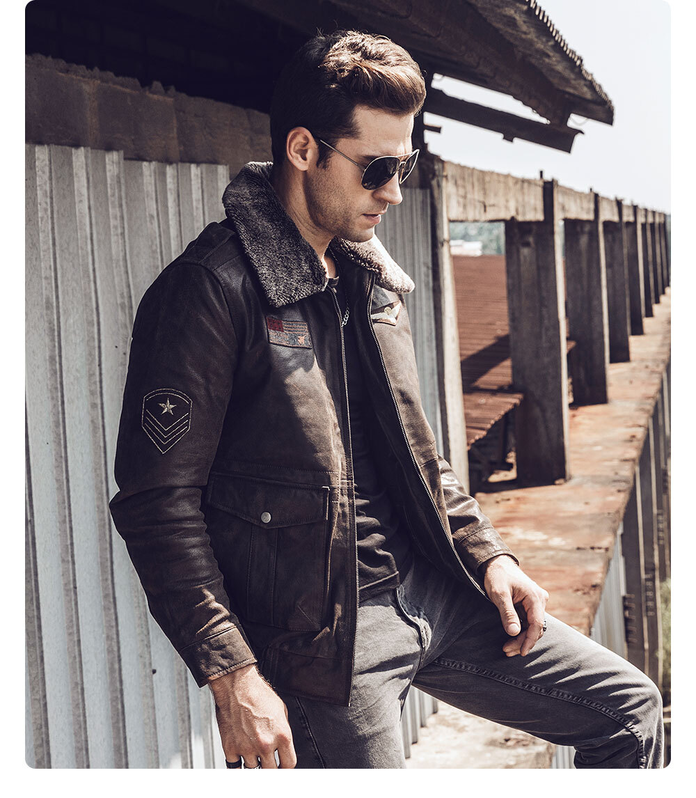 Men's Leather Aviator Jacket Bomber with Faux Fur Collar Stand collar leather moto jacket brands| bomber aviator jacket with removable collar brands