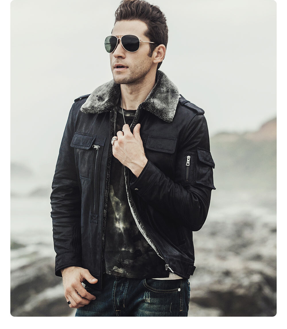Men's Leather Faux Shearling Jacket Buy discount pigskin leather jacket| fashion removable hooded leather jacket