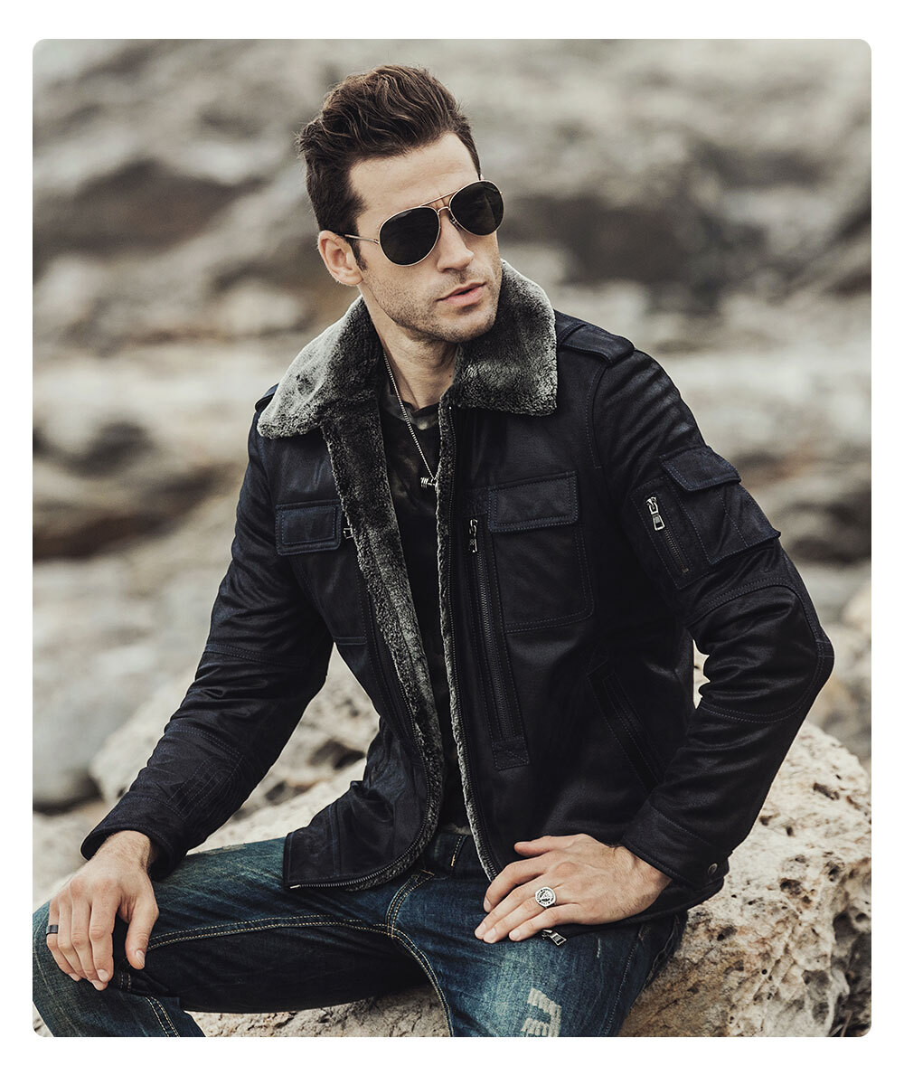 Men's Leather Faux Shearling Jacket Buy discount pigskin leather jacket| fashion removable hooded leather jacket