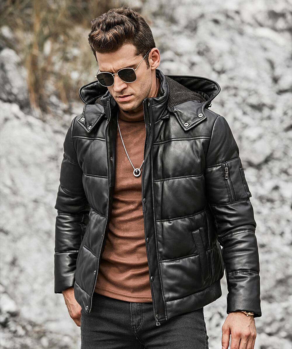 Men's Leather Puffer Jacket Hooded Removable 153 Discount puffer hooded removable jacket| fashion puffer hooded removable jacket