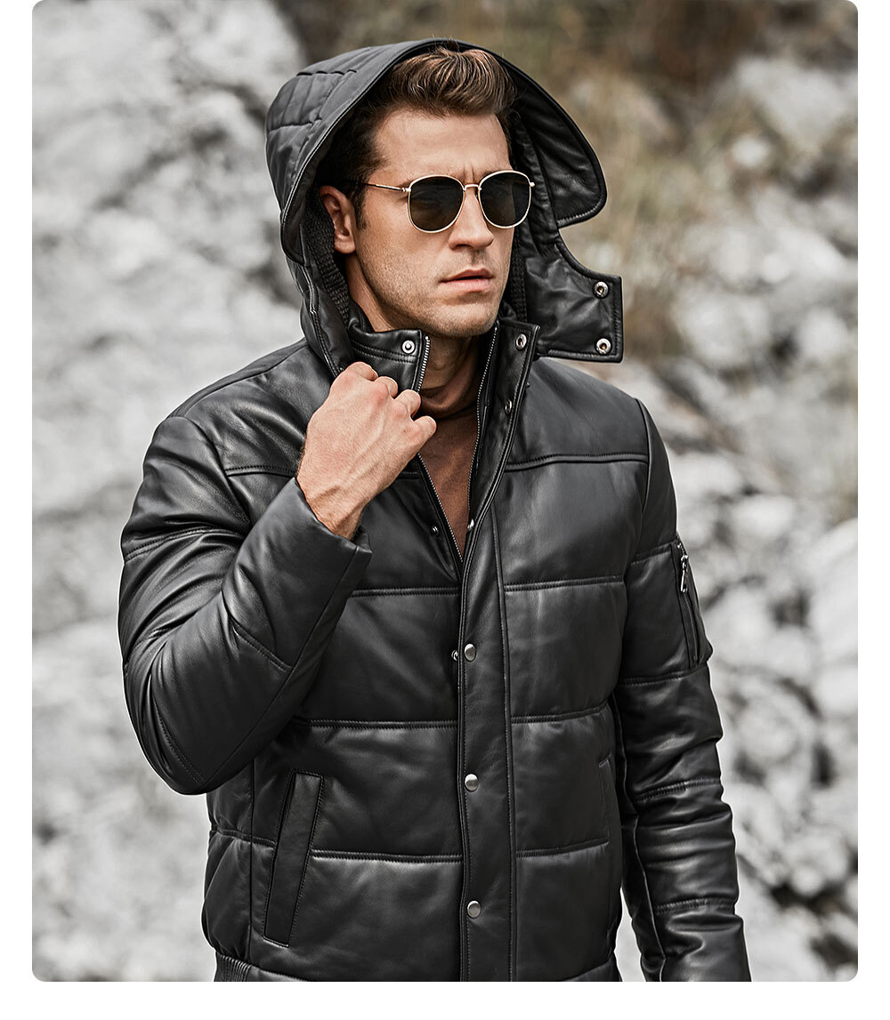 Men's Leather Puffer Jacket Hooded Removable 153 Discount puffer hooded removable jacket| fashion puffer hooded removable jacket