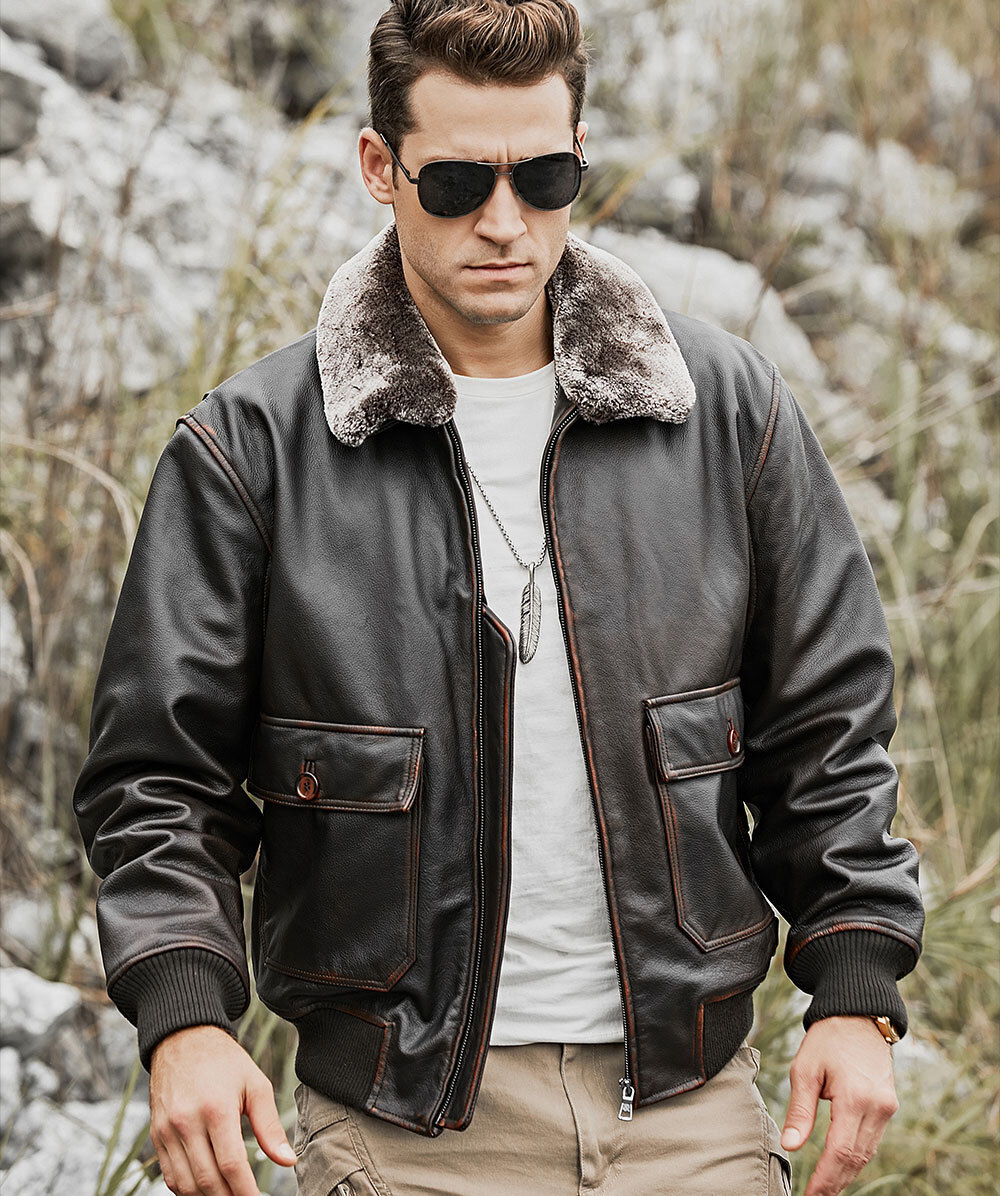 Men's Bomber Leather Jacket Cowhide with Faux Fur Collar 22 Fashion men's bomber leather cowhide jacket| 100% polyester men's bomber leather cowhide jacket