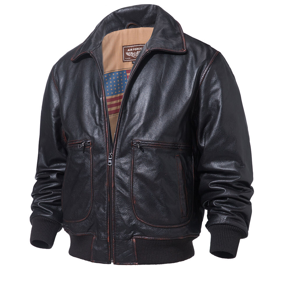 Men's Bomber Leather Jacket Cowhide with Faux Fur Collar 22 Fashion men's bomber leather cowhide jacket| 100% polyester men's bomber leather cowhide jacket