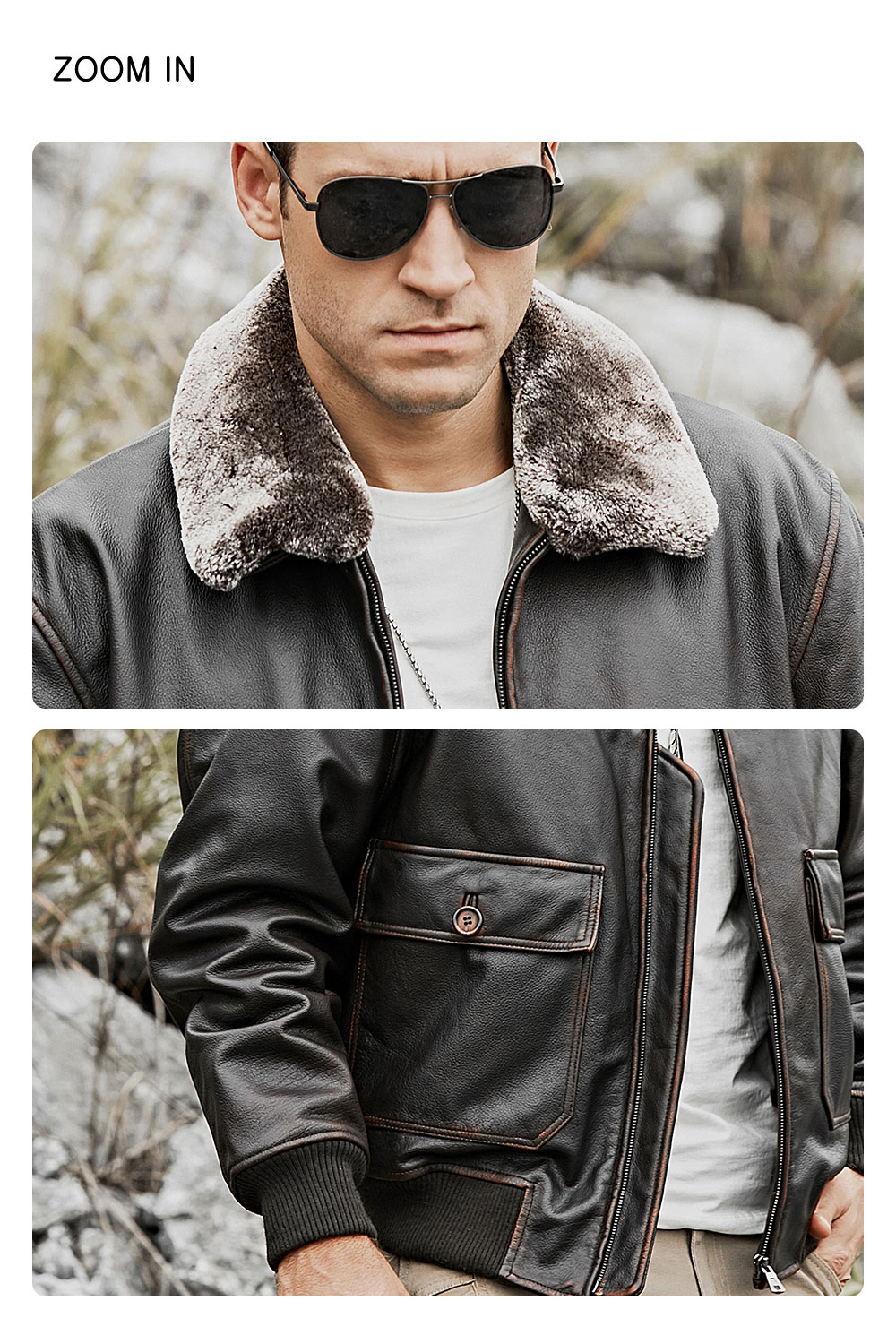 Men's Bomber Leather Jacket Cowhide with Faux Fur Collar 22 Fashion men's bomber leather cowhide jacket| 100% polyester men's bomber leather cowhide jacket