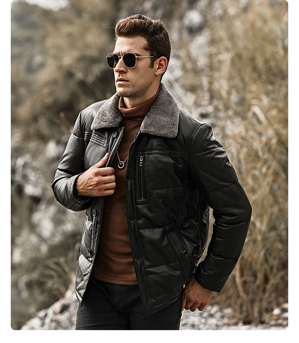 Men's Down Leather Jacket Puffer Coat with removable Fur Collar 199 Pigskin leather jacket brands| discount lambskin removable fur collar down jacket