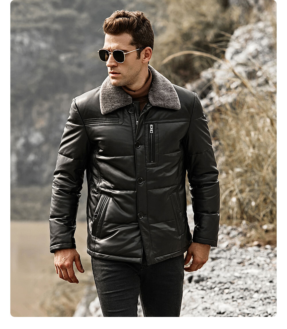 Men's Down Leather Jacket Puffer Coat with removable Fur Collar 199 Pigskin leather jacket brands| discount lambskin removable fur collar down jacket