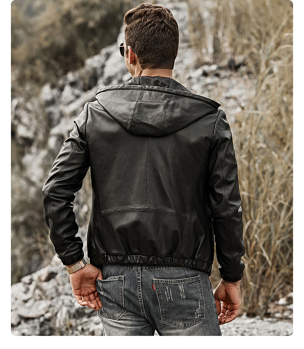 Men's Hooded Leather Jacket Lambskin 165 Fashion men's lambskin hooded leather jacket| newest men's lambskin hooded leather jacket