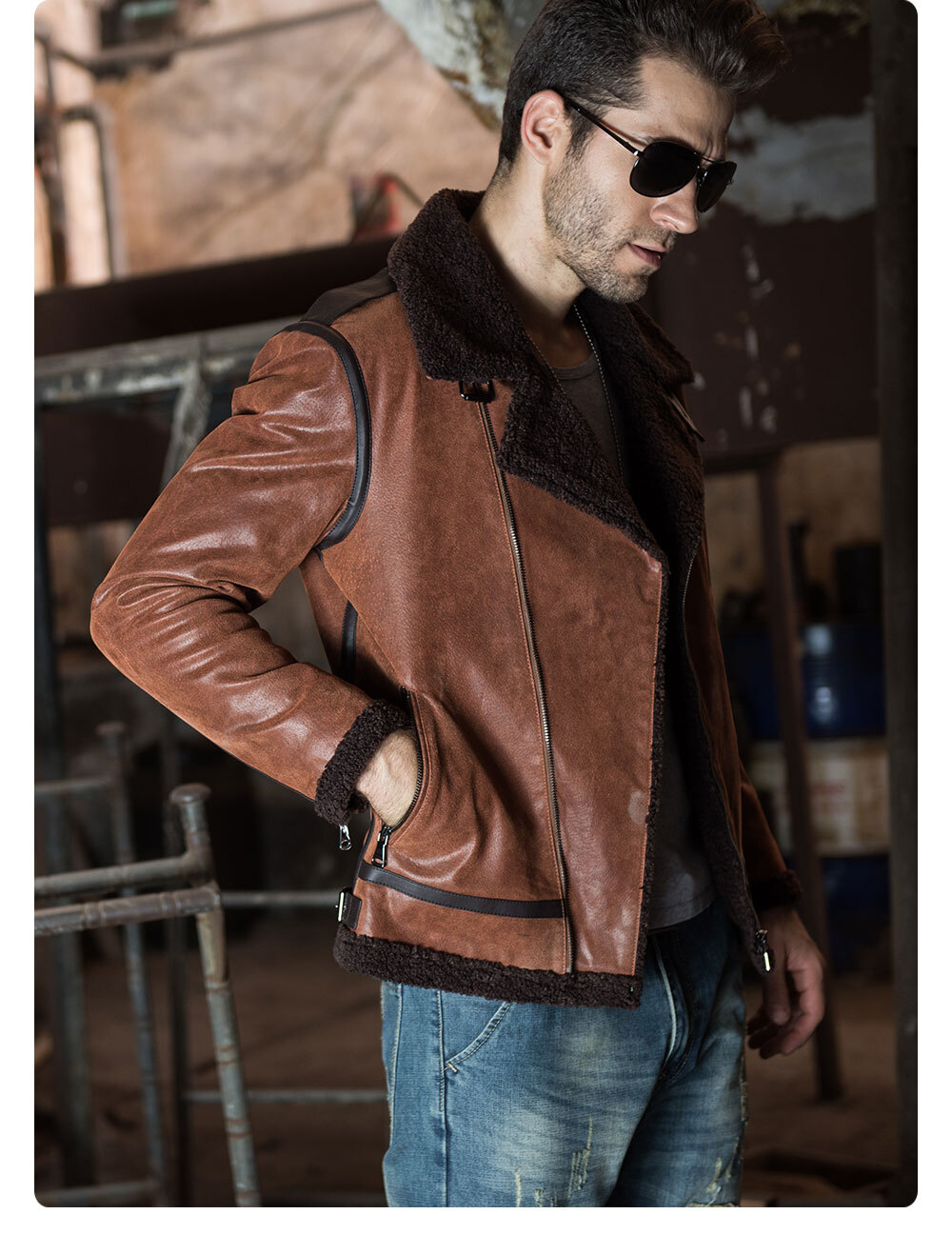 Men's Brown Faux Shearling Coat Leather Jacket  Fashion cowhide leather bomber coat| fashion pigskin leather jacket