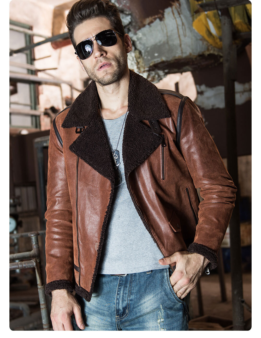 Men's Brown Faux Shearling Coat Leather Jacket  Fashion cowhide leather bomber coat| fashion pigskin leather jacket