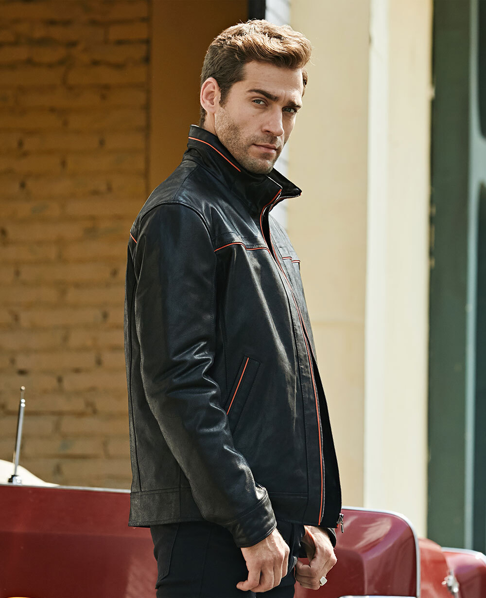 rib flavor leather collar genuine polyester jacket| botton collar 100% flavor stand leather stand jacket