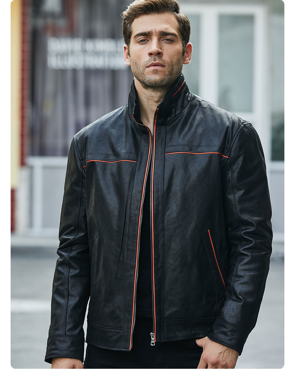 Men's Leather Stand Collar Jacket MXGX285 100% polyester flavor leather stand collar jacket| flavor leather genuine stand collar rib botton jacket