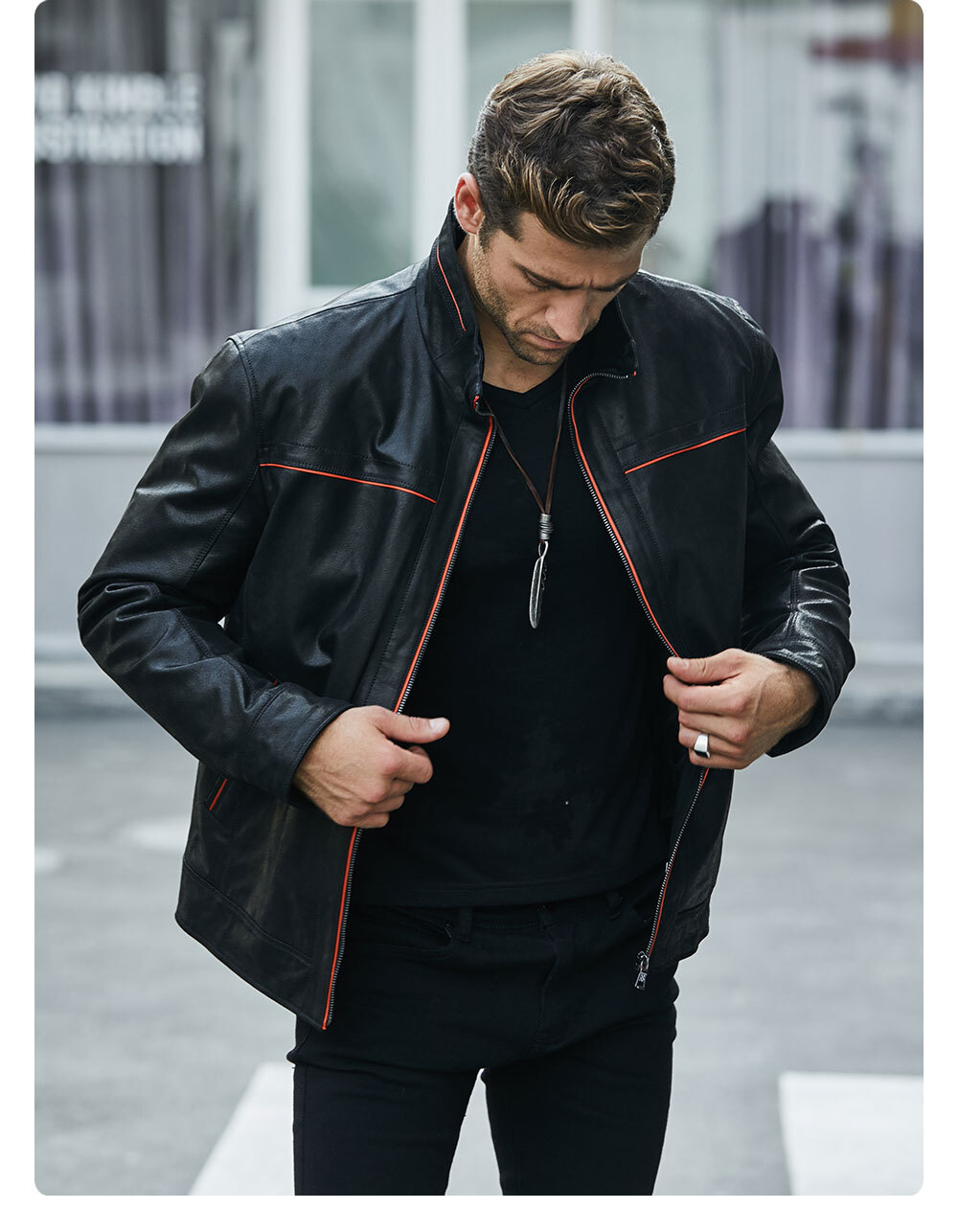 collar stand flavor stand jacket| 100% collar polyester botton flavor leather rib genuine leather jacket