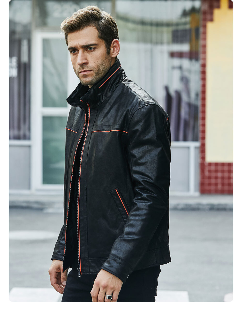 Men's Leather Stand Collar Jacket MXGX285 100% polyester flavor leather stand collar jacket| flavor leather genuine stand collar rib botton jacket