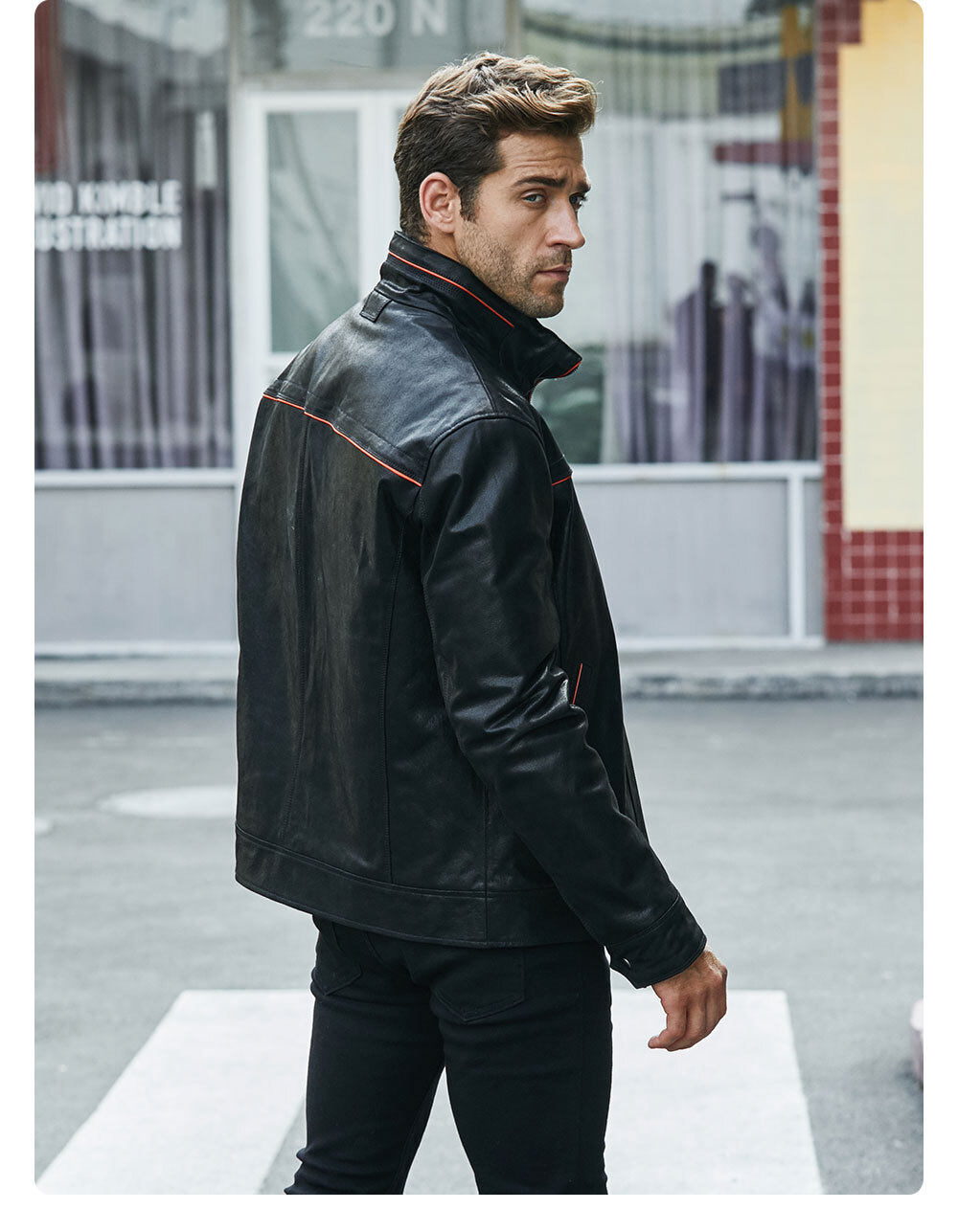 Men's Leather Stand Collar Jacket MXGX285 100% polyester flavor leather stand collar jacket| flavor leather genuine stand collar rib botton jacket