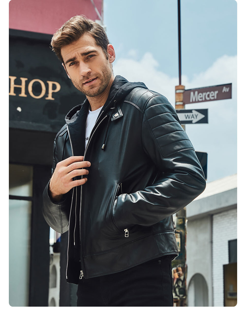 Fashion men's lambskin leather down jacket 100% polyester removable hooded leather  jacket