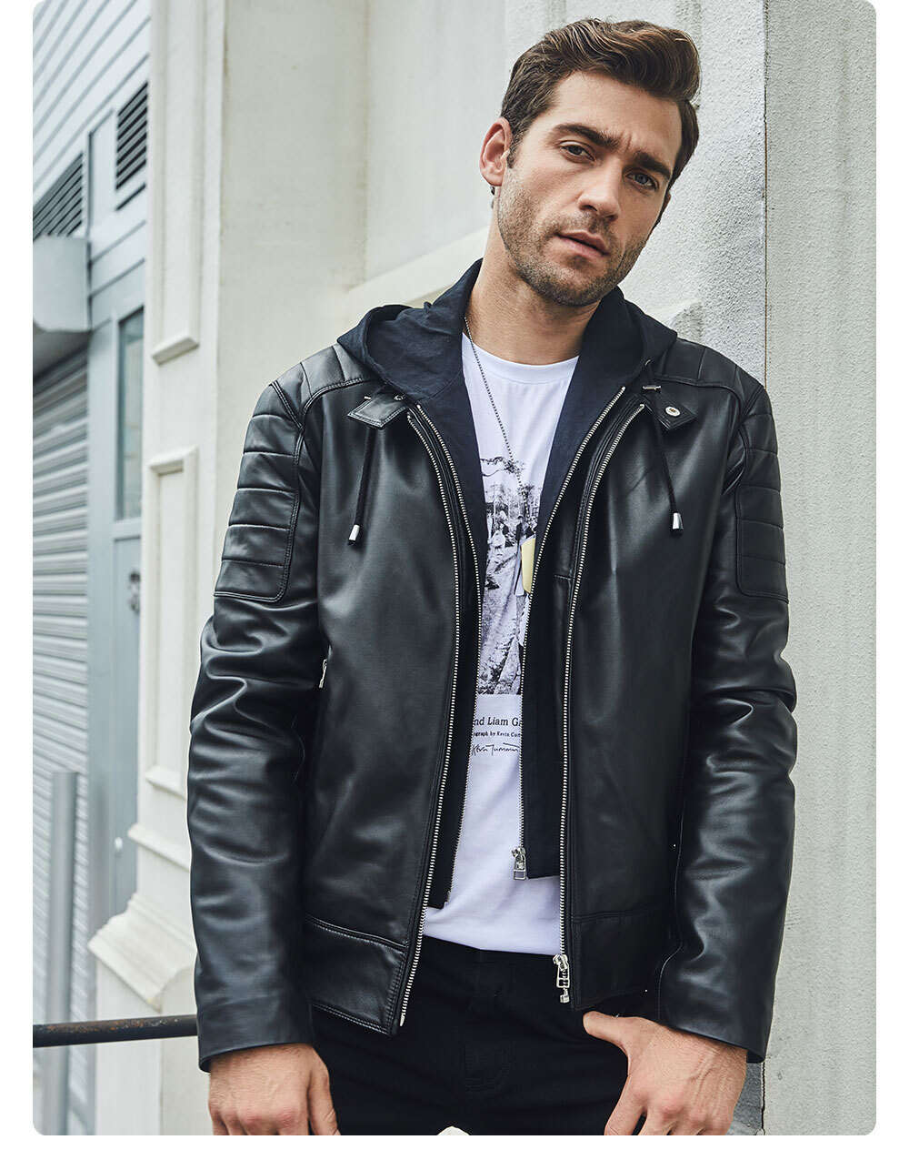 Men's Lambskin Leather Moto Jacket Hooded MXGX288 Fashion men's lambskin leather down jacket| 100% polyester removable hooded leather jacket