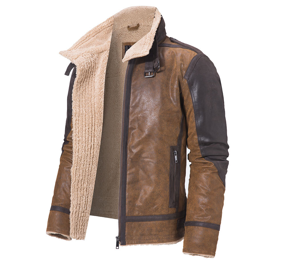 Men's Brown Leather Jacket Faux Shearling Coat Newest genuine jacket brown biker| newest lambskin leather motorcycle coat