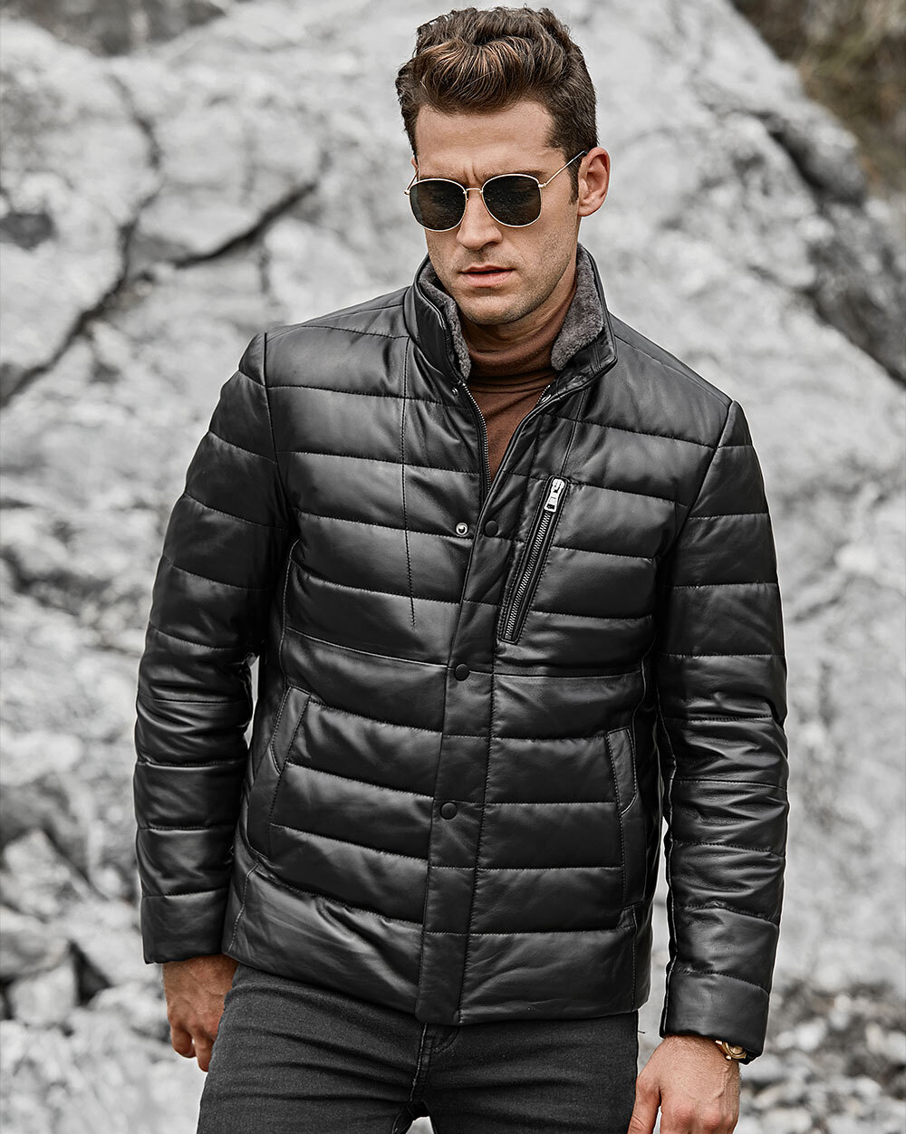 Men's Lambskin Leather Down Jacket Puffer Coat Removable Fur Collar 198 Fashion lambskin removable fur collar down jacket| 100% polyester lambskin removable fur collar down jacket