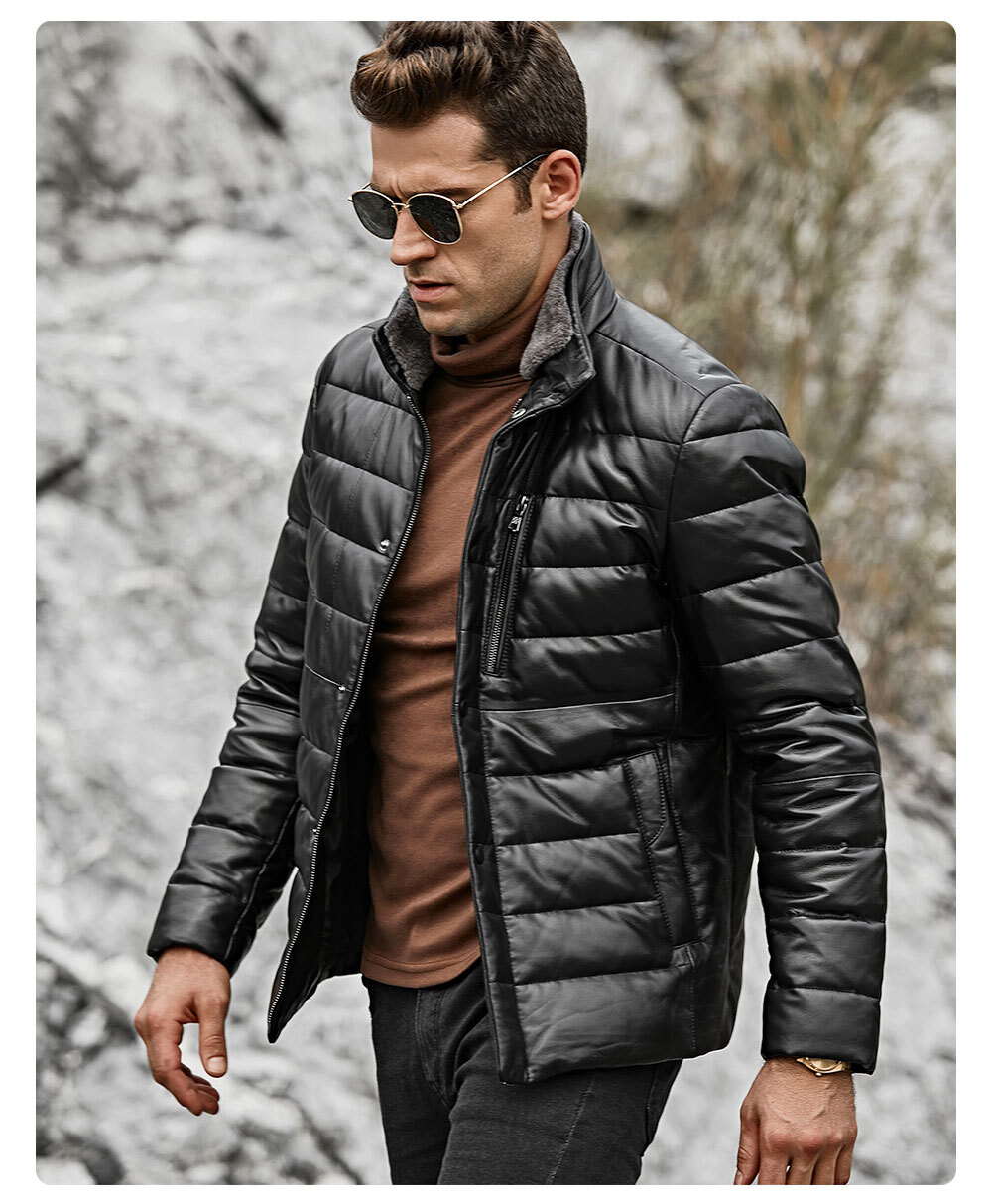 Men's Lambskin Leather Down Jacket Puffer Coat Removable Fur Collar 198 Fashion lambskin removable fur collar down jacket| 100% polyester lambskin removable fur collar down jacket
