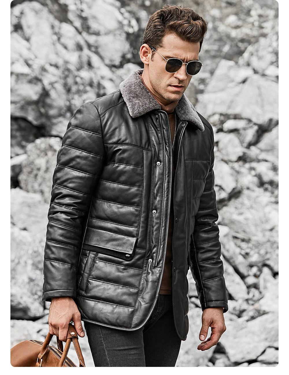 Men's Lambskin Leather Down Jacket Puffer Coat Fur Collar 187 Buy discount lambskin removable fur collar down jacket| newest lambskin removable fur collar down jacket