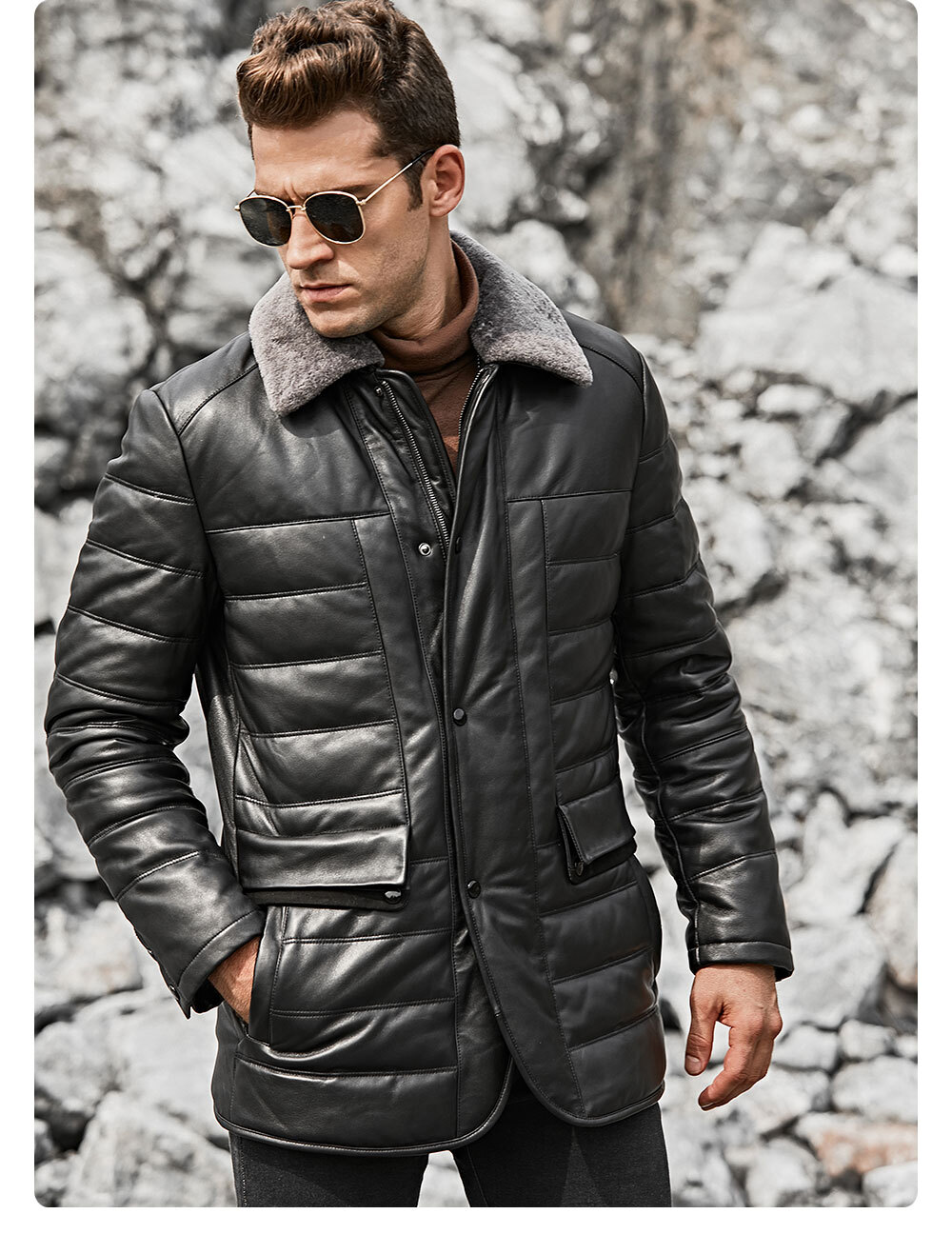 Men's Lambskin Leather Down Jacket Puffer Coat Fur Collar 187 Buy discount lambskin removable fur collar down jacket| newest lambskin removable fur collar down jacket