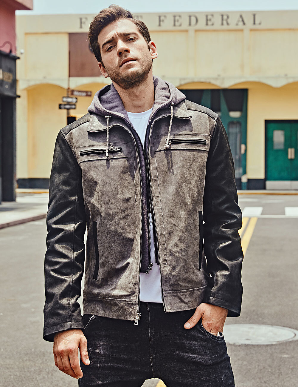 Grey leather clearance jacket with hood