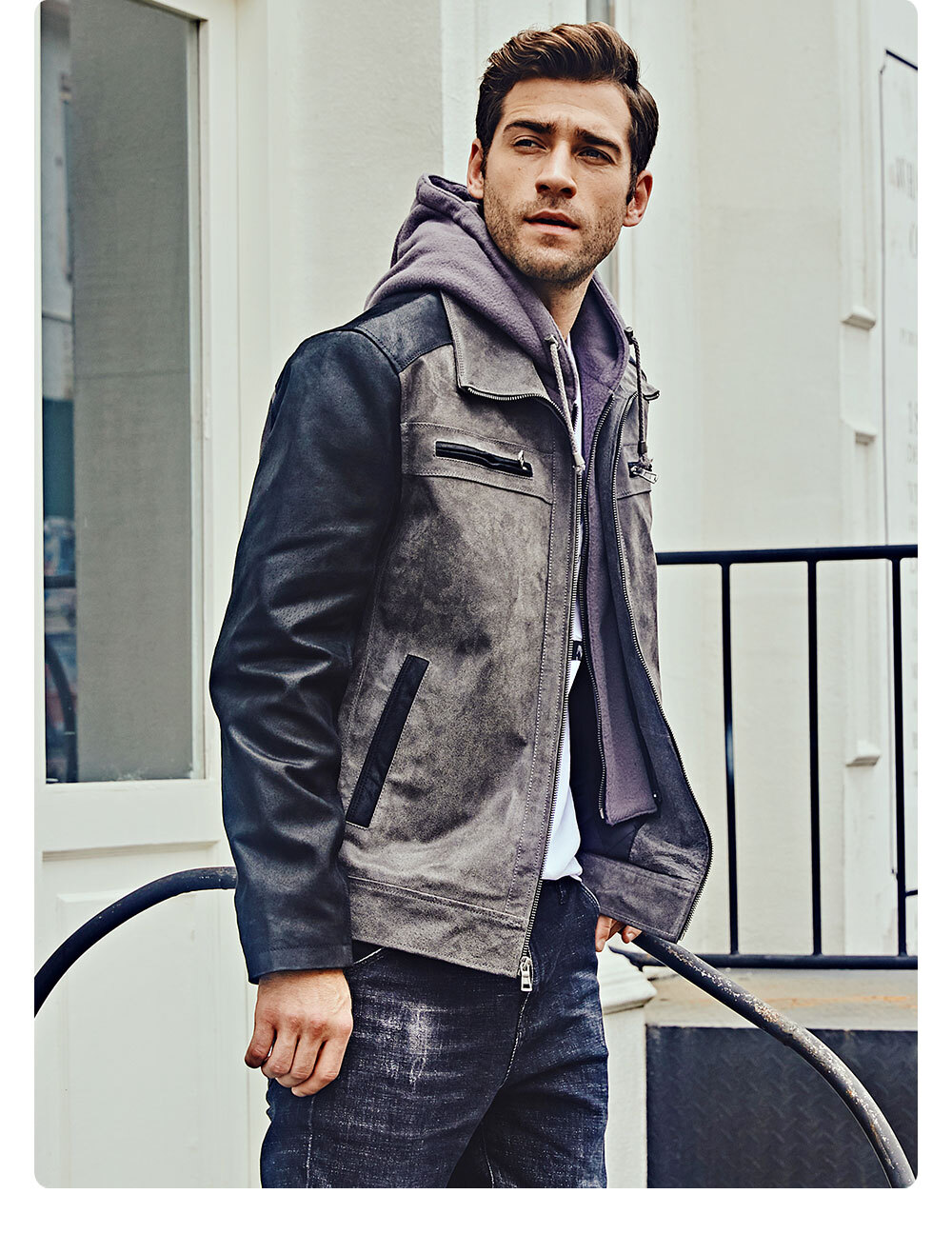 Biker jacket with clearance hood