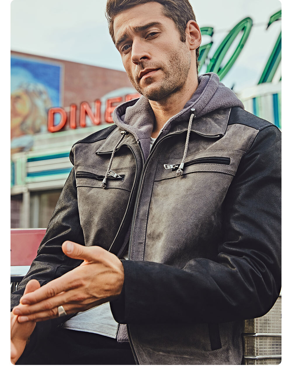 Guess leather jacket on sale with removable hood