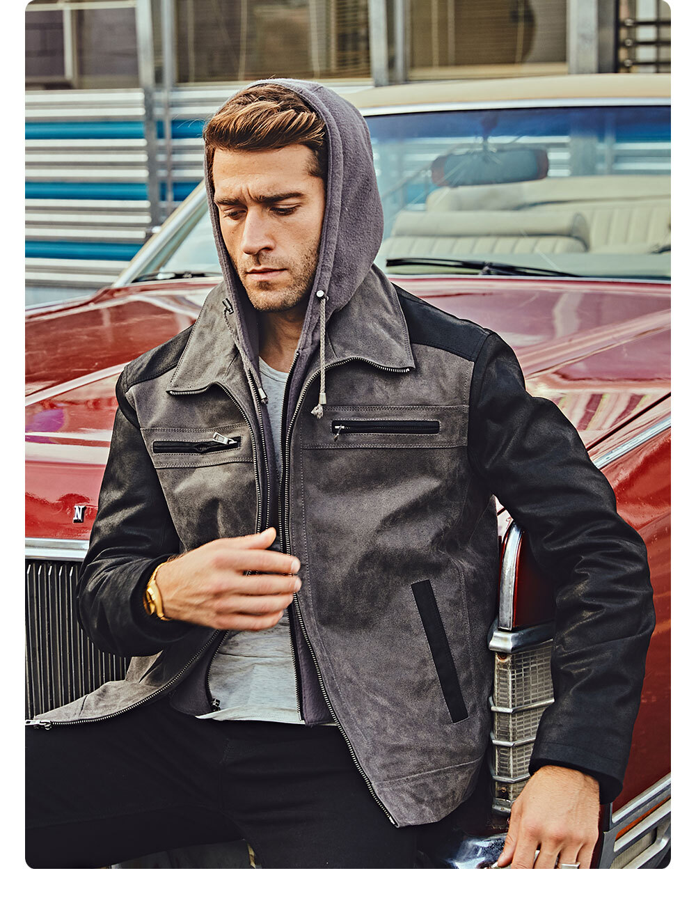 100% polyester removable hood grey leather biker jacket| buy polyester ...