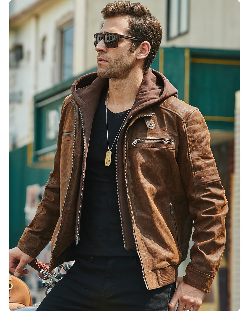 Men's Brown Motorcycle Leather Jacket with Detachable Hood  M2015-73B 100% polyester detachable hood motorcycle leather jacket| detachable hood motorcycle flavor leather jacket