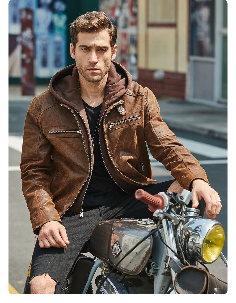 wantdo Men's Light Motorcycle Leather Jacket with Removable Hood Black  Small(Lightweight) at  Men's Clothing store