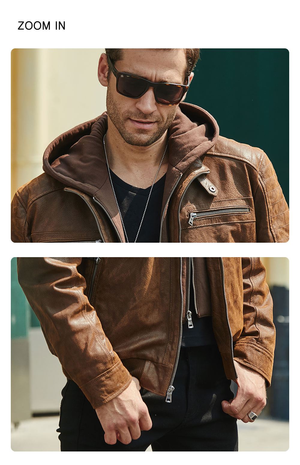 Men's Brown Motorcycle Leather Jacket with Detachable Hood  M2015-73B 100% polyester detachable hood motorcycle leather jacket| detachable hood motorcycle flavor leather jacket