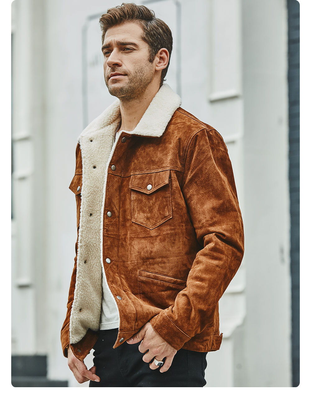 Men's Borwn Leather Denim Jacket with Faux Fur Lining MXGX292 100% polyester flavor leather denim jacket brands| fashion 100% polyester flavor leather denim jacket