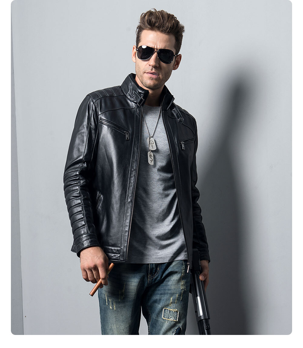 Men's Lambskin Leather Biker Jacket Motorcycle Coat Fashion lambskin leather motorcycle coat| 100% polyester lambskin leather motorcycle coat