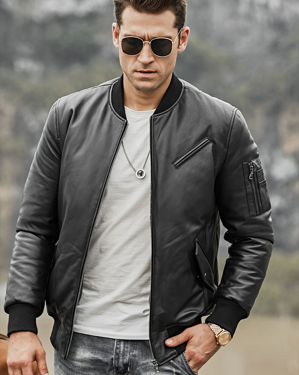 Men's Lambskin Leather Bomber Jacket Black 202 100% polyester lambskin leather bomber jacket| 100% polyester lambskin leather bomber jacket brands