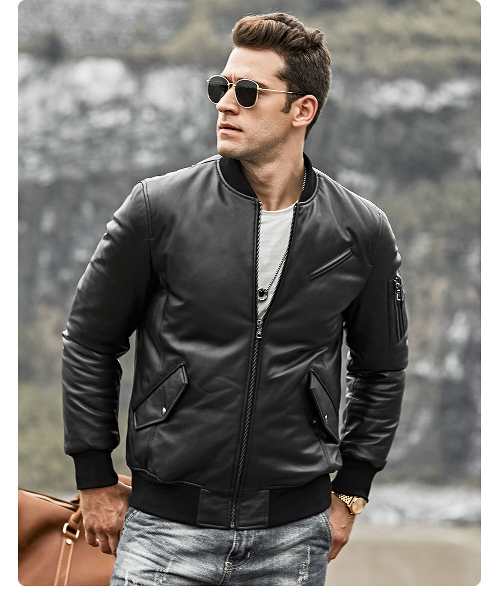 Men's Lambskin Leather Bomber Jacket Black 202 100% polyester lambskin leather bomber jacket| 100% polyester lambskin leather bomber jacket brands