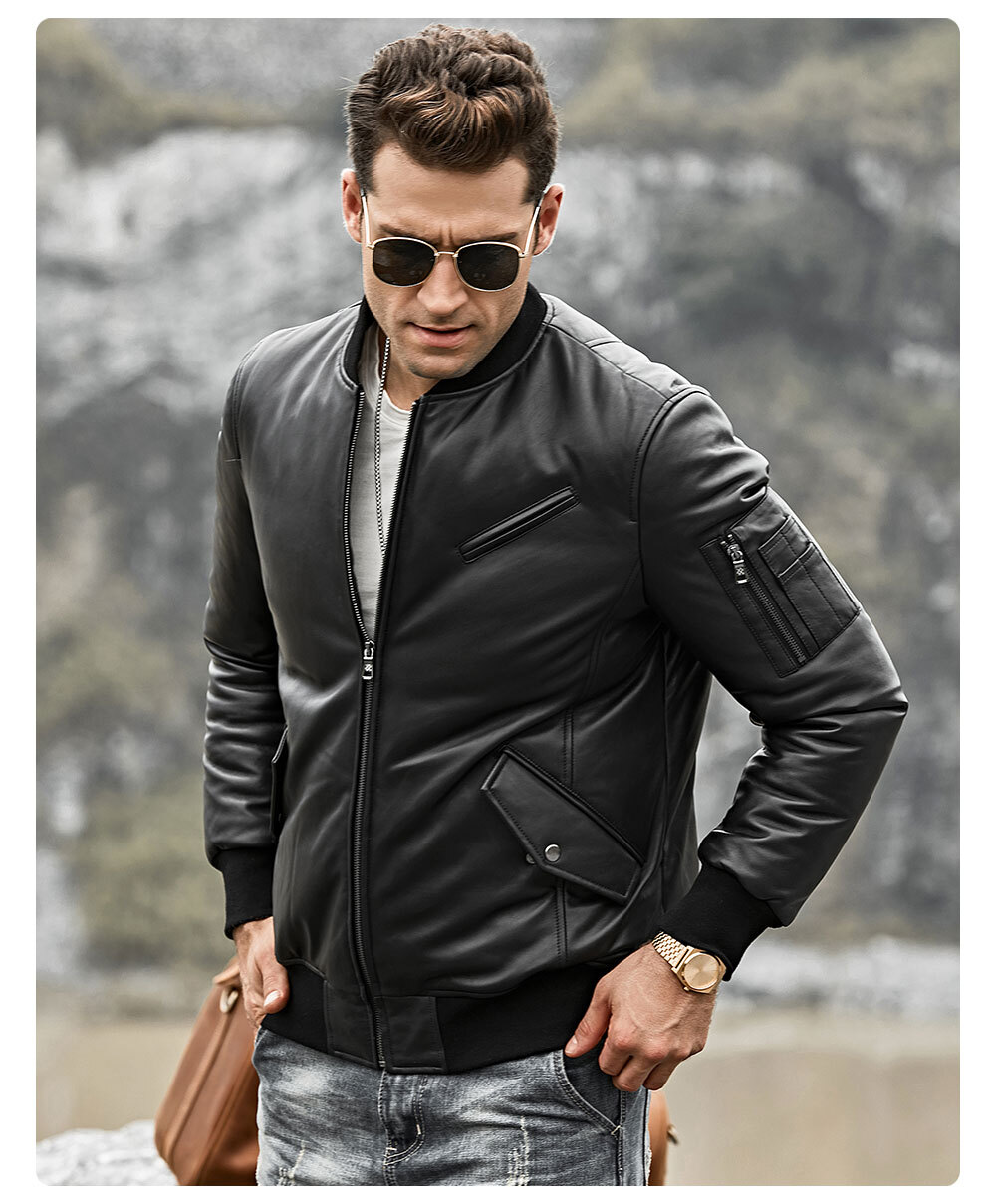 Men's Lambskin Leather Bomber Jacket Black 202 100% polyester lambskin leather bomber jacket| 100% polyester lambskin leather bomber jacket brands