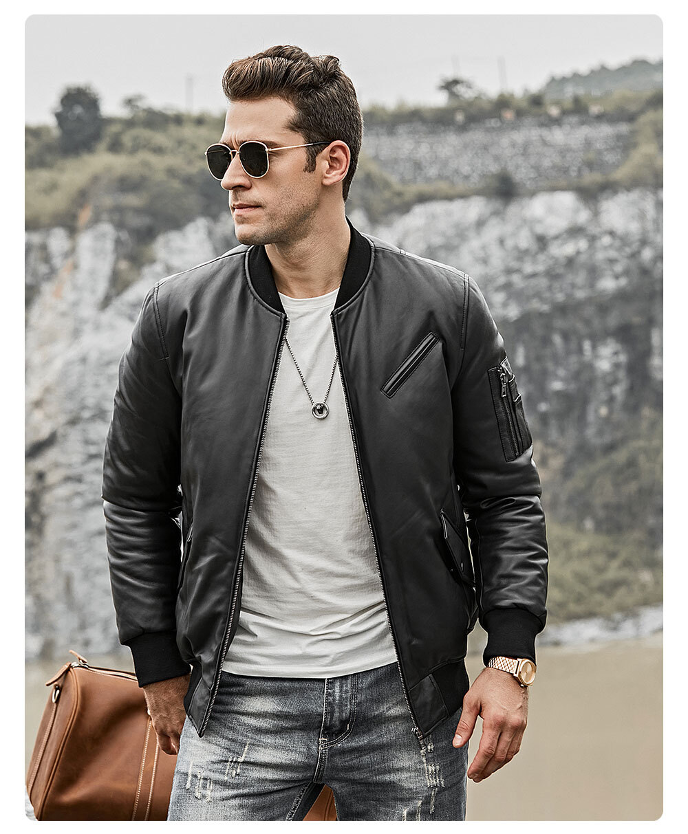 Men's Lambskin Leather Bomber Jacket Black 202 100% polyester lambskin leather bomber jacket| 100% polyester lambskin leather bomber jacket brands